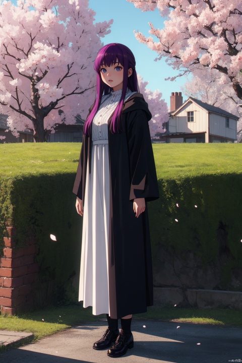  masterpiece,best quality,cinematic lighting,1girl,solo,full body,(looking at viewer:1.1),(standing:1.2),Fern_SNF,purple hair,very long hair,blunt bangs,sidelocks,half updo,purple eyes,dress,white dress,robe,black robe,open_clothes,long sleeves,
BREAK
scenery,Sunset,Orange hues,Serenity,Coastal views,Cherry blossoms,Magnolia trees,Parkbenches,Afternoon,,8k,ultra-detailed,