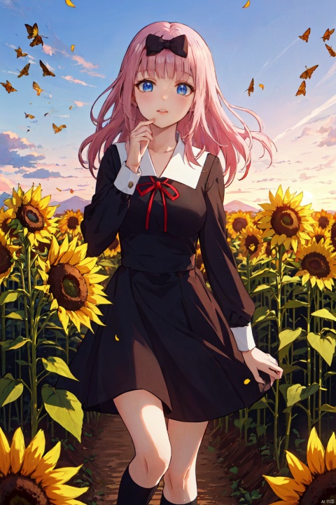  1girl,looking at viewer,solo,school uniform,pink hair,blue eyes,bow,dress,black dress,hair bow,black bow,ribbon,long hair,bangs,socks,blunt bangs,red ribbon,breasts,white socks,long sleeves,kneehighs,,Fujiwara_CYQL,panorama,beautiful face,beautiful eyes,glossy skin,shiny skin,Sunflowers, Field, Dawn, Golden petals, Bees, Sunlight, Horizon, Harvest,beautiful detailed sky,beautiful detailed glow,posing in front of a colorful and dynamic background,masterpiece,best quality,beautiful and aesthetic,contrapposto,female focus,wallpaper,fashion,