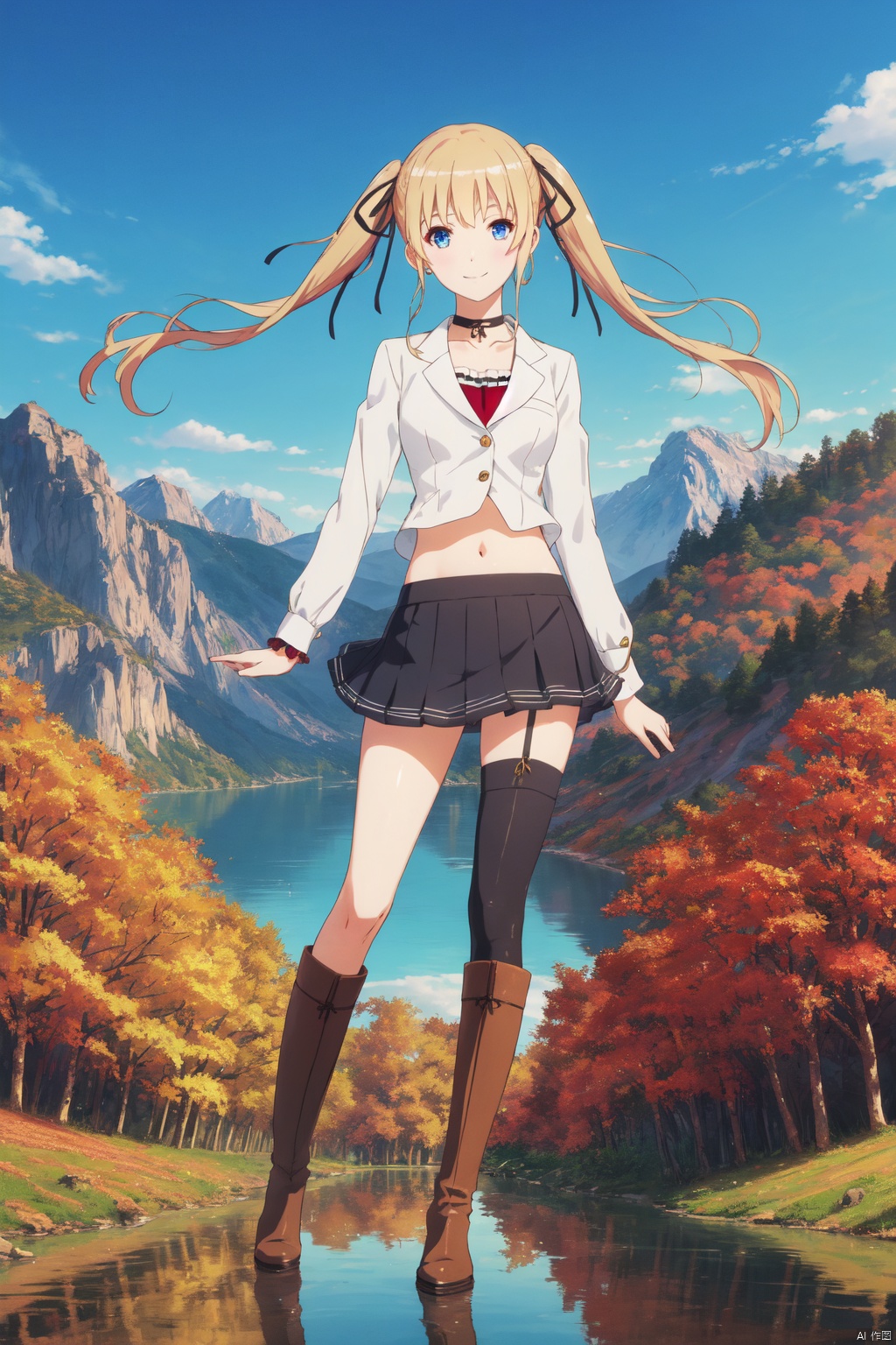 ,eriri cyql,1girl,looking at viewer,solo,blonde hair,long hair,twintails,blue eyes,ribbon,hair ribbon,black ribbon,
midriff,blazer,skirt,pencil_skirt,black_bodystocking,lace,frilled,print,thigh_boots,asymmetrical_sleeves,earrings,choker,full body, smile,
beautiful face,beautiful eyes,glossy skin,shiny skin,
Autumn, Foliage, Lake, Reflection, Mountains, Colors, Serenity, Tranquility,(Exotic plants, Botanical specimens, Glass conservatory, Evening glow, Tropical flora, Controlled environment:0.6),
beautiful detailed sky,beautiful detailed glow,
posing in front of a colorful and dynamic background,
masterpiece,best quality,beautiful and aesthetic,contrapposto,female focus,wallpaper,fashion,