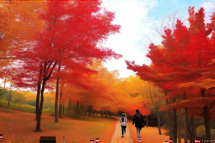 金秋时节,枫叶如火,漫山遍野,红黄交织,落叶铺成一条条绚烂的小径,