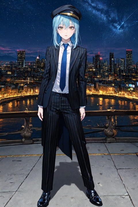 1other,looking at viewer,solo,androgynous,blue hair,long hair,hair between eyes,bangs,yellow eyes,standing,navy pinstripe suit, pale yellow dress shirt, solid navy tie, black cap-toe shoes,,Rimuru_CYQL,bust,beautiful face,beautiful eyes,glossy skin,shiny skin,Outdoor concert in city park, Music, Performance, Entertainment, Picnics,beautiful detailed sky,beautiful detailed glow,posing in front of a colorful and dynamic background,masterpiece,best quality,beautiful and aesthetic,contrapposto,female focus,wallpaper,fashion,
