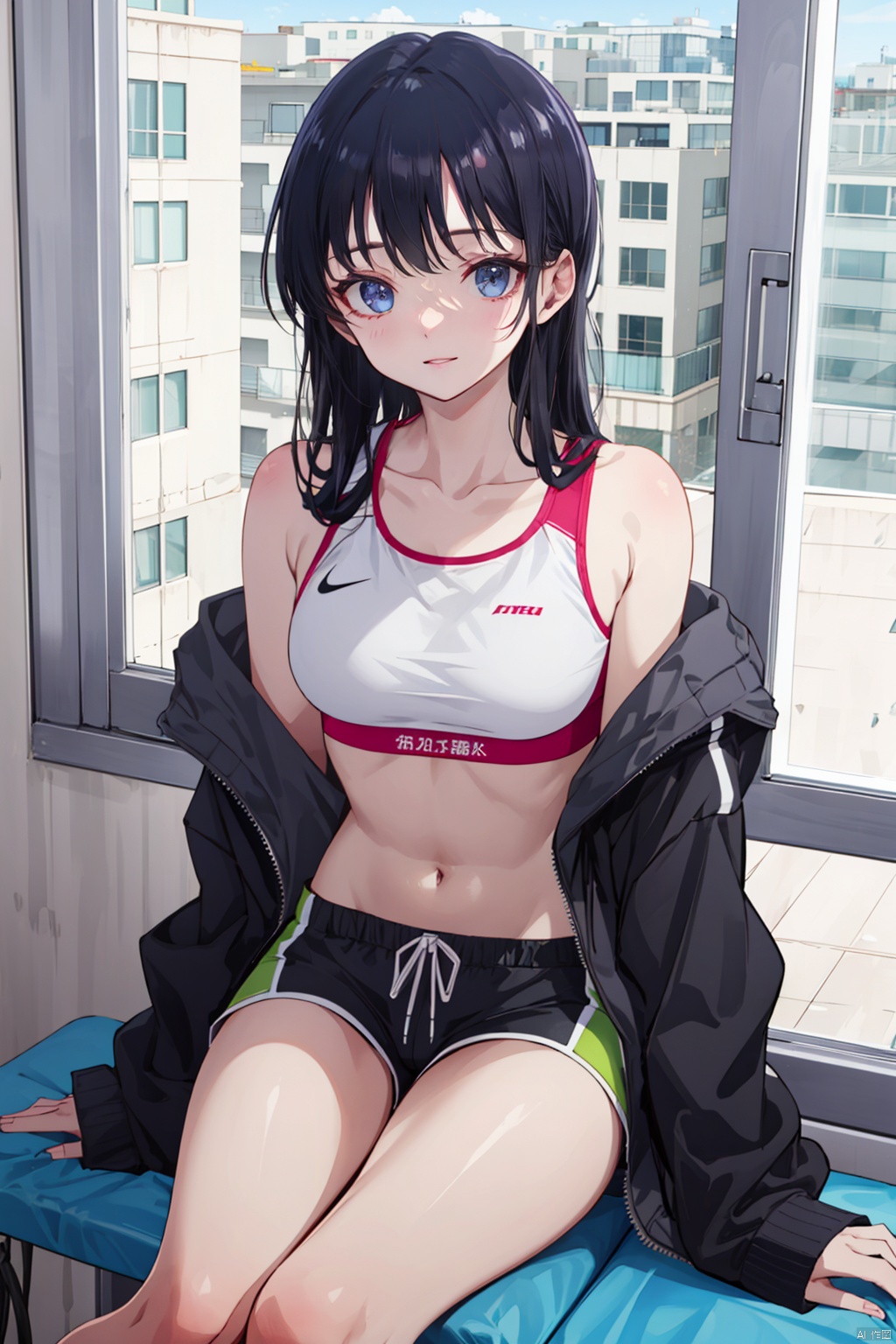  masterpiece,best quality,8k,ultra-detailed,1girl,solo,looking at viewer,Anna_CYQL,black hair,long hair,bangs,blush,collarbone,off shoulder,jacket,open clothes,long sleeves,open jacket,sports bra,midriff,navel,shorts,short shorts,barefoot,sitting,window,indoors,cloud,day,