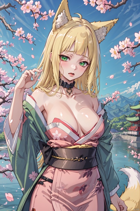 ,Haruhime cyql,1girl,looking at viewer,solo,
animal ears,fox ears,blonde hair,long hair,blunt bangs,green eyes,fox tail,collar,large breasts,
Belted wrap coat in a soft pastel color for a feminine and elegant style,
Disgusted, A wrinkled nose, raised upper lip, and a slightly open mouth.,full_shot,
beautiful face,beautiful eyes,glossy skin,shiny skin,
Cherry blossoms, Pagoda, Koi pond, Cherry blossom festival, Japanese tranquility, Cherry blossom petals,beautiful detailed sky,beautiful detailed glow,
posing in front of a colorful and dynamic background,
masterpiece,best quality,beautiful and aesthetic,contrapposto,female focus,wallpaper,fashion,