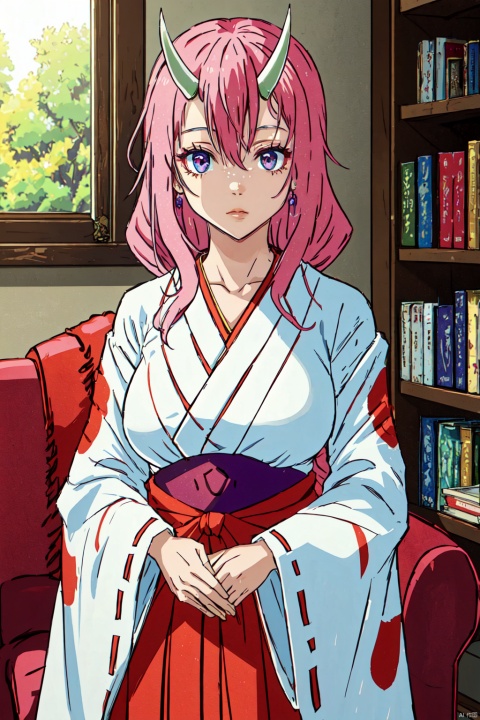1girl,looking at viewer,solo,oni,horns,pink hair,long hair,hair between eyes,red eyes,pink eyes,miko,japanese clothes,red hakama,ribbon trim,ribbon-trimmed sleeves,hakama,white kimono,skirt,kimono,collarbone,wide sleeves,long sleeves,hakama skirt,red ribbon,breasts,ribbon,,Shuna_CYQL,upper_body,beautiful face,beautiful eyes,glossy skin,shiny skin,Library, Books, Afternoon sunlight, Armchair, Quietude,beautiful detailed sky,beautiful detailed glow,posing in front of a colorful and dynamic background,masterpiece,best quality,beautiful and aesthetic,contrapposto,female focus,wallpaper,fashion,