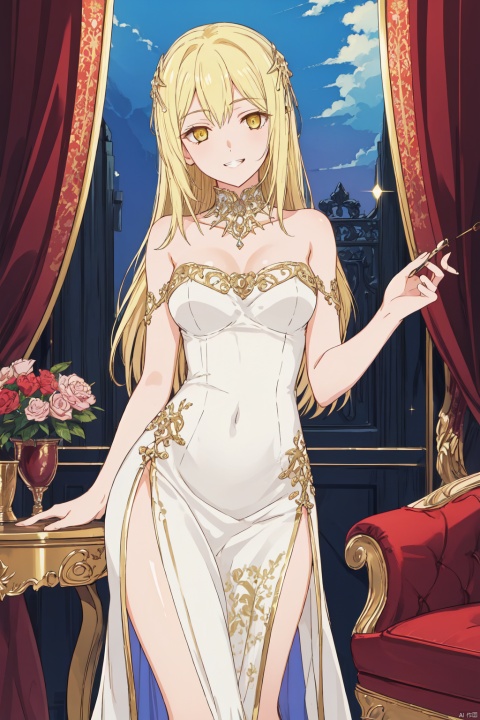 ,Aiz cyql,1girl,looking at viewer,solo,
blonde hair,long hair,floating hair,yellow eyes,
One-shoulder evening gown,Naughty, A mischievous grin, a wink, and a playful attitude.,panorama,
beautiful face,beautiful eyes,glossy skin,shiny skin,
Four-poster bed, Antique vanity, Velvet armchair, Ornate mirror, Persian rug,beautiful detailed sky,beautiful detailed glow,
posing in front of a colorful and dynamic background,
masterpiece,best quality,beautiful and aesthetic,contrapposto,female focus,wallpaper,fashion,
