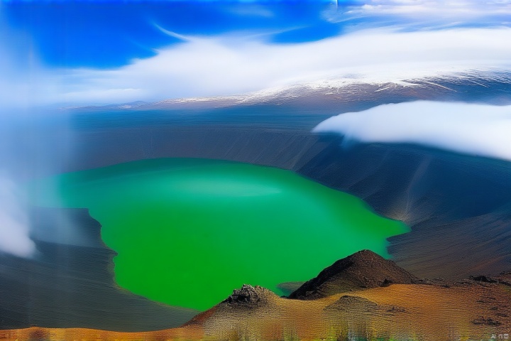 火山沉默的怀抱中,一汪碧绿的湖水静静躺着,周围峭壁环绕,云雾缭绕,