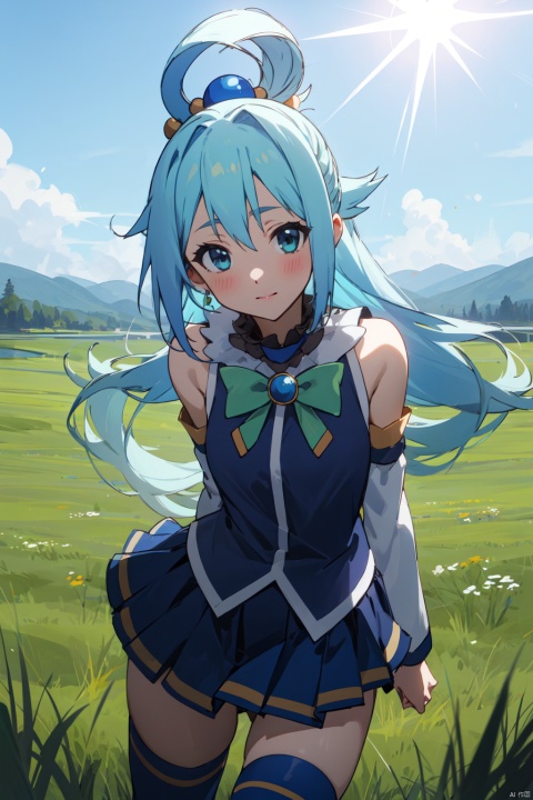  masterpiece,best quality,cinematic lighting,1girl,solo,(looking at viewer:1.1),aqua_knsb,
blue hair,long hair,hair ornament,hair rings,blue eyes,bow,green bow,skirt,thighhighs,bareshoulders,detachedsleeves,
BREAK
day,in a meadow,lake,sky,
sunlight,,8k,ultra-detailed, vled_cyql, 