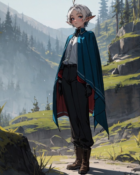  masterpiece,best quality,cinematic lighting,solo,full body,(looking at viewer:1.1),(standing:1.2),XLF_CYQL,elf,pointy ears,earrings,short hair,white hair,ahoge,cape,shirt,white shirt,long sleeves,gloves,white gloves,pants,black pants,boots,brown footwear,
BREAK
Foggy mountain,Hiking trail,Morning light,Adventure,Solitude,Naturesounds,sunlight,8k,ultra-detailed, girl