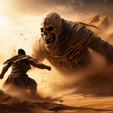 very dark focused flash photo, amazing quality, masterpiece, best quality, hyper detailed, ultra detailed, UHD, perfect anatomy, portrait, dof, hyper-realism, majestic, awesome, inspiring,Capture the thrilling showdown between the ancient mummy and the colossal sand boss in an epic battle amidst swirling dust and desert sands. Embrace the action and chaos as these formidable forces clash in the heart of the dunes. cinematic composition, soft shadows, national geographic style