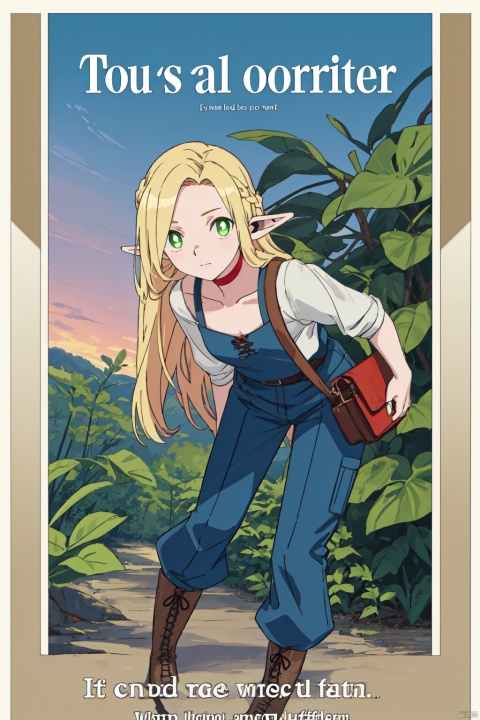 1girl,looking at viewer,solo,elf,long hair,blonde hair,pointy ears,green eyes,choker,red choker,,Marcille_CYQL,(Tsundere,leaning forward,full_shot,from_below:1.1),High-waisted pants, silk camisole, ankle boots, shoulder bag, statement ring,beautiful face,beautiful eyes,glossy skin,shiny skin,Mangroves, Forest, Water, Roots, Biodiversity, Wildlife, Serenity, Tides,Tropical plants, Sunset hues, Exotic foliage, Evening glow, Tropical oasis, Serene atmosphere,beautiful detailed sky,beautiful detailed glow,(movie poster:1.2),(border:1.3),(English text:1.4),posing in front of a colorful and dynamic background,masterpiece,best quality,beautiful and aesthetic,contrapposto,female focus,fine fabric emphasis,wallpaper,fashion,intricate detail,finely detailed,fine fabricemphasis,glossy,,