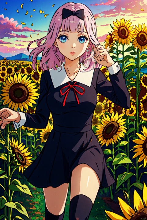  1girl,looking at viewer,solo,school uniform,pink hair,blue eyes,bow,dress,black dress,hair bow,black bow,ribbon,long hair,bangs,socks,blunt bangs,red ribbon,breasts,white socks,long sleeves,kneehighs,,Fujiwara_CYQL,panorama,beautiful face,beautiful eyes,glossy skin,shiny skin,Sunflowers, Field, Dawn, Golden petals, Bees, Sunlight, Horizon, Harvest,beautiful detailed sky,beautiful detailed glow,posing in front of a colorful and dynamic background,masterpiece,best quality,beautiful and aesthetic,contrapposto,female focus,wallpaper,fashion,
