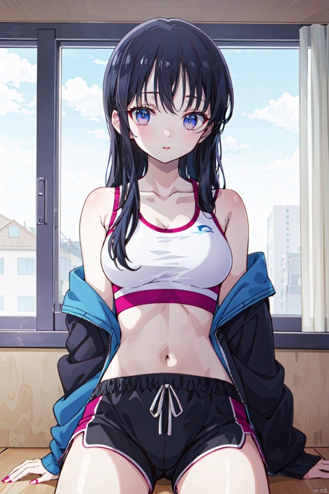  masterpiece,best quality,8k,ultra-detailed,1girl,solo,looking at viewer,Anna_CYQL,black hair,long hair,bangs,blush,collarbone,off shoulder,jacket,open clothes,long sleeves,open jacket,sports bra,midriff,navel,shorts,short shorts,barefoot,sitting,window,indoors,cloud,day, Anime