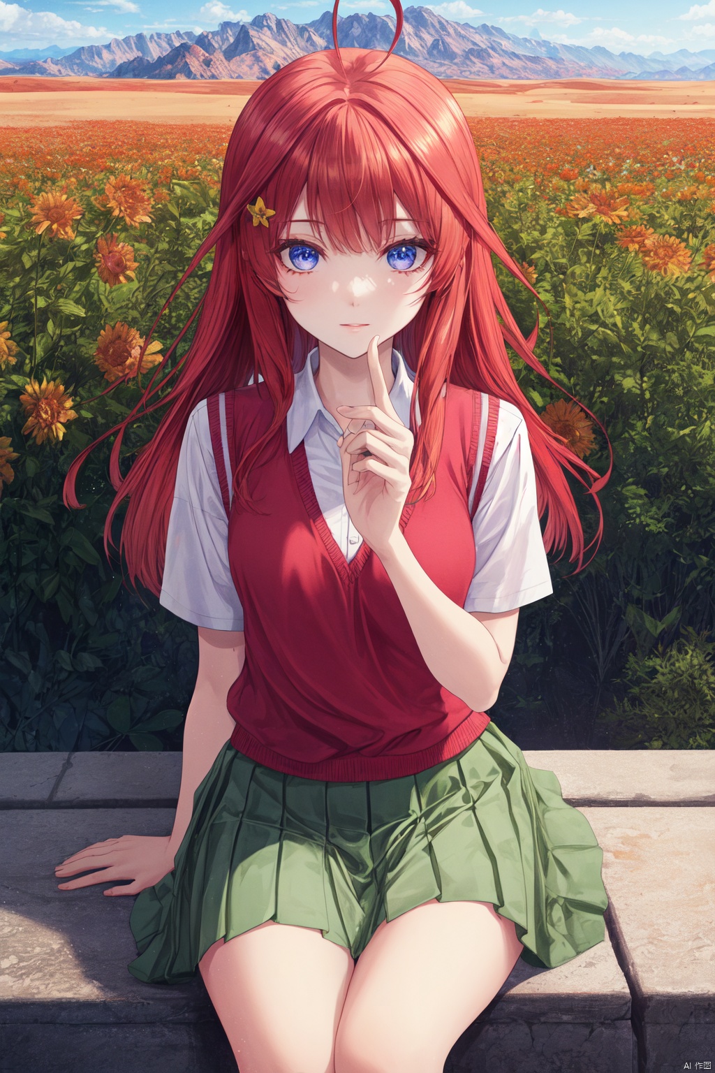 1girl,looking at viewer,solo,long hair,red hair,bangs,ahoge,star hair ornament,star \(symbol\),blue eyes,skirt,shirt,hair ornament,school uniform,white shirt,short sleeves,pleated skirt,green skirt,sweater vest,,Itsuki_CYQL,(expressionless,sitting,panorama,foreshortening:1.1),beautiful face,beautiful eyes,glossy skin,shiny skin,Autumn, Foliage, Lake, Reflection, Mountains, Colors, Serenity, Tranquility,Desert wildflowers, Arid landscape, Desert bloom, Refreshed desert, Floral explosion, Desert oasis,beautiful detailed sky,beautiful detailed glow,posing in front of a colorful and dynamic background,masterpiece,best quality,beautiful and aesthetic,contrapposto,femalefocus,wallpaper,fashion,,
