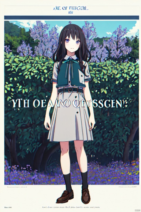  1girl,looking at viewer,solo,black hair,long hair,purple eyes,ribbon,green ribbon,neck ribbon,lycoris uniform,dress,blue dress,two-tone dress,belt,collared shirt,shirt,grey dress,white shirt,socks,black socks,loafers,brown footwear,,takina_CYQL,(crazy_smile,on side,bust,from_below:1.1),beautiful face,beautiful eyes,glossy skin,shiny skin,Tuscany hills, Sunrise, Hike, Nature, Serenity,Bluebells, Ferns, Oak trees, Fresh green leaves, Dappled sunlight, Woodland animals,beautiful detailed sky,beautiful detailed glow,(movie poster:1.2),(border:1.3),(English text:1.4),posing in front of a colorful and dynamic background,masterpiece,best quality,beautiful and aesthetic,contrapposto,femalefocus,wallpaper,fashion,, Takina_CYQL