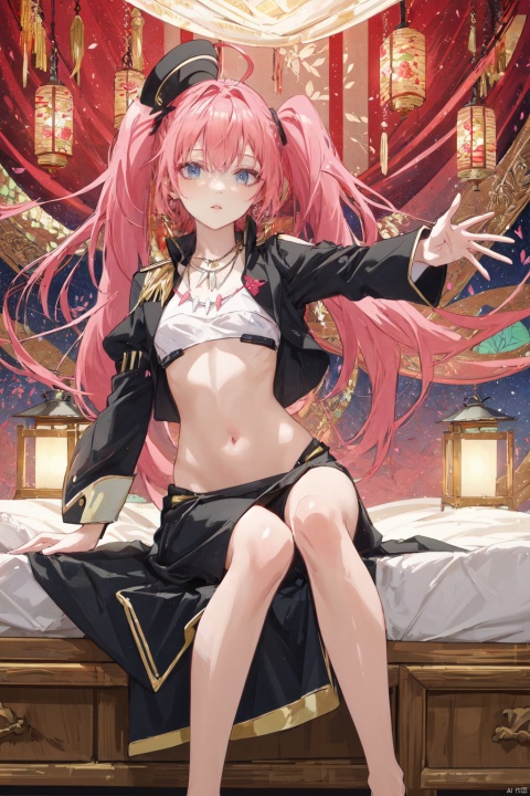 1girl,looking at viewer,solo,pink hair,long hair,ahoge,twintails,blue eyes,jewelry,necklace,small breasts,Flight attendants wearing elegant black uniforms with white shirts, complemented by silver accessories and a matching hat.,,Milim CYQL,bust,beautiful face,beautiful eyes,glossy skin,shiny skin,Canopy bed, Wooden furniture, Quilts, Lanterns, Floral decor,beautiful detailed sky,beautiful detailed glow,posing in front of a colorful and dynamic background,masterpiece,best quality,beautiful and aesthetic,contrapposto,female focus,wallpaper,fashion,
