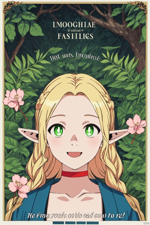  1girl,looking at viewer,solo,elf,long hair,blonde hair,twin braids,pointy ears,green eyes,choker,red choker,capelet,belt,dress,,Marcille_CYQL,(laughing,lying,portrait,from_above:1.1),beautiful face,beautiful eyes,glossy skin,shiny skin,Rainforest, Trees, Foliage, Undergrowth, Waterfall, Humidity, Wildlife, Canopy,Cherry blossoms, Pagoda, Koi pond, Cherry blossom festival, Japanese tranquility, Cherry blossom petals,beautiful detailed sky,beautiful detailed glow,(movie poster:1.2),(border:1.3),(English text:1.4),posing in front of a colorful and dynamic background,masterpiece,best quality,beautiful and aesthetic,contrapposto,female focus,fine fabric emphasis,wallpaper,fashion,intricate detail,finely detailed,fine fabricemphasis,glossy,,