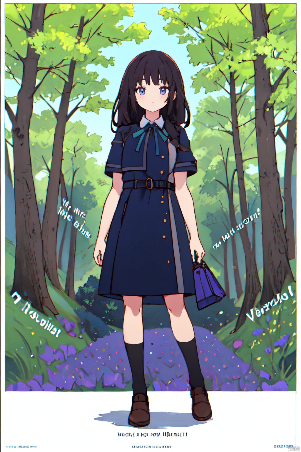  1girl,looking at viewer,solo,black hair,long hair,purple eyes,ribbon,green ribbon,neck ribbon,lycoris uniform,dress,blue dress,two-tone dress,belt,collared shirt,shirt,grey dress,white shirt,socks,black socks,loafers,brown footwear,takina_CYQL,
(smile,on side,bust,from_below:1.1),beautiful face,beautiful eyes,glossy skin,shiny skin,Tuscany hills, Sunrise, Hike, Nature, Serenity,Bluebells, Ferns, Oak trees, Fresh green leaves, Dappled sunlight, Woodland animals,beautiful detailed sky,beautiful detailed glow,(movie poster:1.2),(border:1.3),(English text:1.4),posing in front of a colorful and dynamic background,masterpiece,best quality,beautiful and aesthetic,contrapposto,femalefocus,wallpaper,fashion,, Takina_CYQL