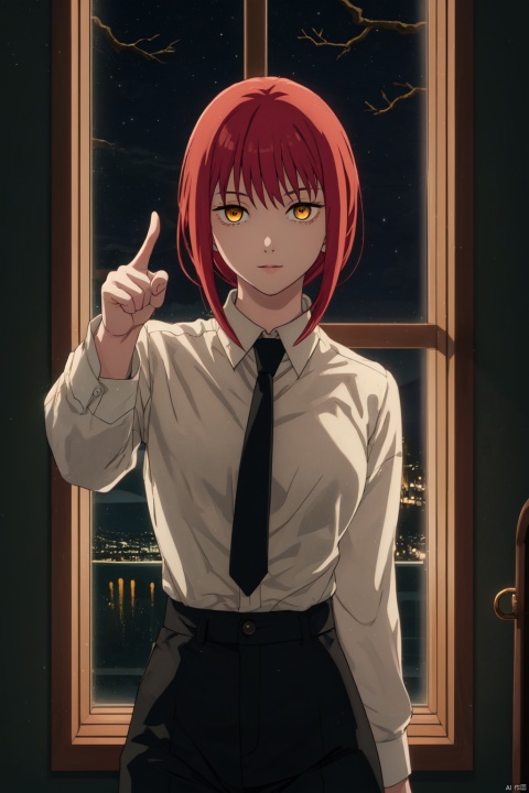 1girl,solo,looking at viewer,standing,
Makima_CYQL,
red hair,medium hair,bangs,yellow eyes,ringed eyes,white shirt,collared shirt,shirt tucked in,black necktie,black pants,high-waist pants,
pointing,pointing at viewer,finger pistol,
(night:1.4),indoors,window,moonlight,
masterpiece,best quality,beautiful and aesthetic,contrapposto,female focus,wallpaper,