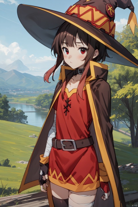 masterpiece,best quality,cinematic lighting,1girl,solo,(looking at viewer:1.1),,megumin_knsb,brown hair,short hair,red eyes,short hair with long locks,hat,witch hat,cape,dress,red dress,gloves,collar,fingerless gloves,belt,black gloves,asymmetrical legwear,thighhighs,mismatched legwear,bandages,bandaged leg,black thighhighs,single thighhigh,boots,BREAKsunlight,River canyon, Twilight, Hiking trail, Evening colors, Nature sounds,Solitude,,8k,ultra-detailed, girl