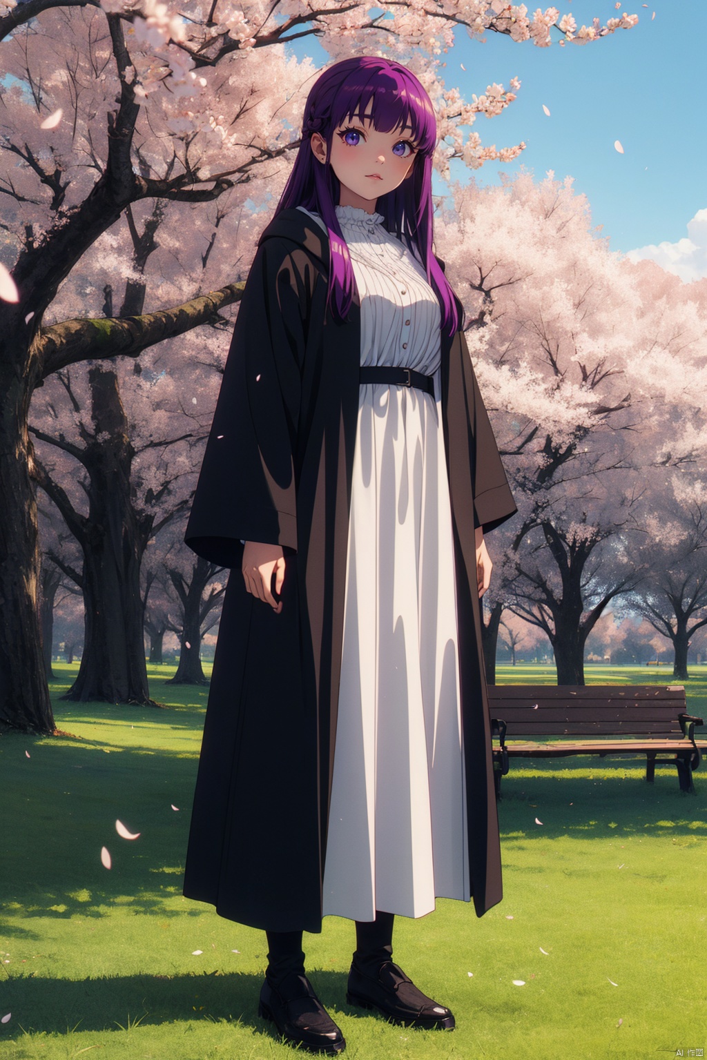  masterpiece,best quality,cinematic lighting,1girl,solo,full body,(looking at viewer:1.1),(standing:1.2),Fern_SNF,purple hair,very long hair,blunt bangs,sidelocks,half updo,purple eyes,dress,white dress,robe,black robe,open_clothes,long sleeves,
BREAK
scenery,Sunset,Orange hues,Serenity,Coastal views,Cherry blossoms,Magnolia trees,Parkbenches,Afternoon,,8k,ultra-detailed,