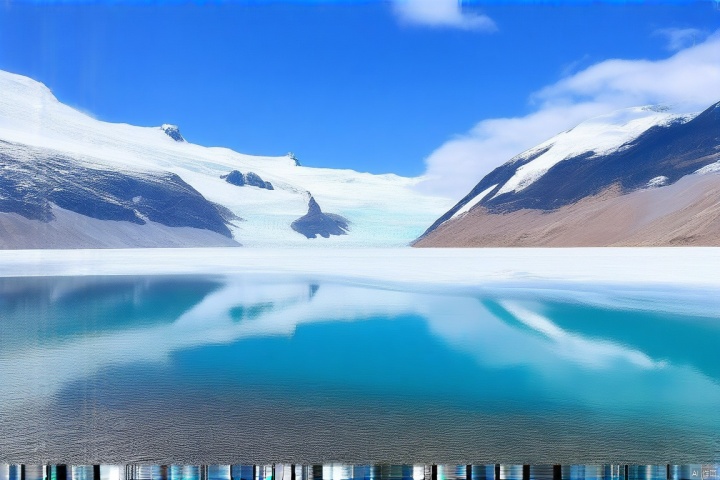 由融化的冰川形成的湖泊,其水色呈现出独特的湛蓝,周围雪山映衬,湖面平静如镜,倒映着蓝天白云,