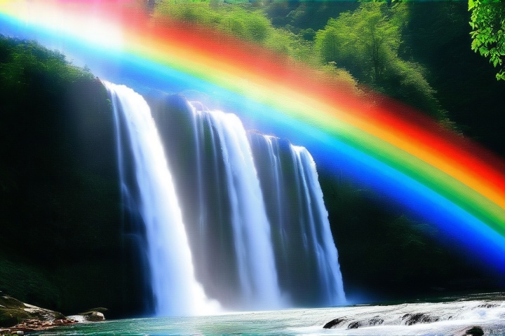 山涧之中,瀑布如白练般垂落,轰鸣声震耳欲聋,水雾四溅,形成彩虹,阳光穿透水珠,闪耀出七彩光芒,