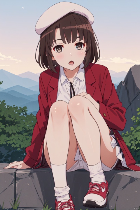 megumi CYQL,1girl,solo,looking at viewer,beret,white headwear,brown hair,short hair,brown eyes,jacket,red jacket,dress,white dress,socks,white socks,shoes,pink footwear,Confused, Wide-open eyes, a slightly furrowed brow, and a slightly open mouth.,panorama,beautiful face,beautiful eyes,glossy skin,shiny skin,Foggy mountain, Hiking trail, Morning light, Adventure, Solitude, Nature sounds,beautiful detailed sky,beautiful detailed glow,posing in front of a colorful and dynamic background,masterpiece,best quality,beautiful and aesthetic,contrapposto,female focus,wallpaper,fashion,
