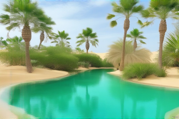 在无垠的沙海中,一片葱郁的绿洲犹如梦境,清澈的水塘旁,椰枣树投下凉爽的阴影,