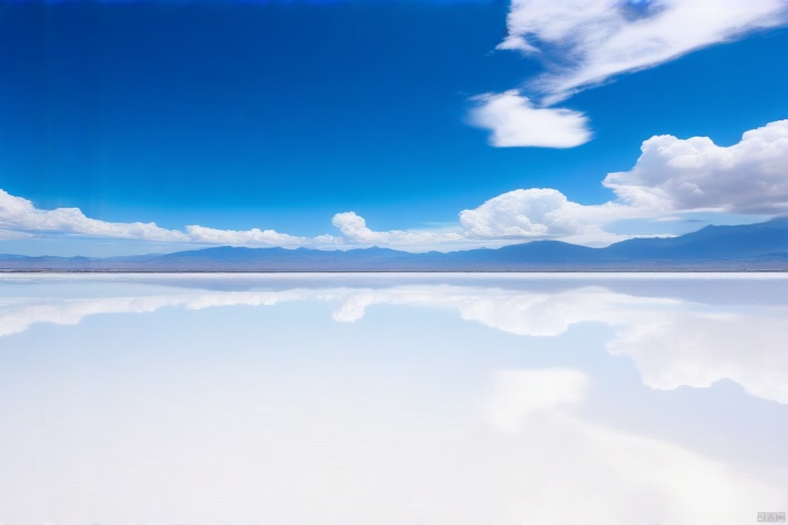在晴朗的日子里,盐湖如同一面巨大的镜子,映照着天空和云朵,白色盐滩与远处的山脉