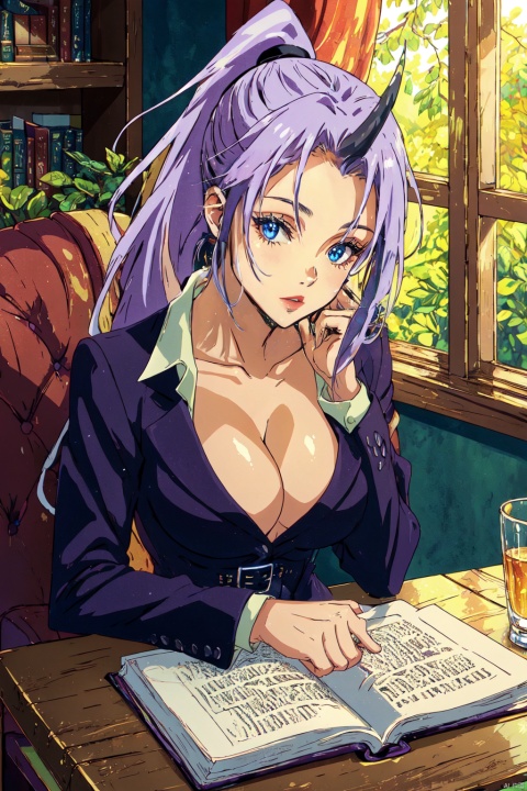 1girl,looking at viewer,solo,oni,purple hair,long hair,horns,ponytail,purple eyes,jacket,shirt,long sleeves,collarbone,cleavage,large breasts,belt,pants,black footwear,single_horn,formal,Shion_CYQL,upper_body,beautiful face,beautiful eyes,glossy skin,shiny skin,Library, Books, Afternoon sunlight, Armchair, Quietude,beautiful detailed sky,beautiful detailed glow,posing in front of a colorful and dynamic background,masterpiece,best quality,beautiful and aesthetic,contrapposto,female focus,wallpaper,fashion, 