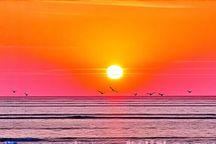 天空如同画布般涂满了温暖的橙色和粉色,太阳缓缓升起越过地平线,投射出长长的影子在起伏的波涛之上。远处传来海鸥的叫声,而初升的阳光照耀在平静的海面上。