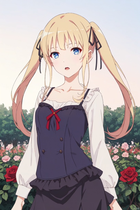 ,eriri cyql,1girl,looking at viewer,solo,
blonde hair,long hair,twintails,blue eyes,ribbon,hair ribbon,Striped maxi dress with a tiered skirt,
Dopey, Wide-eyed, slack-jawed, and with a goofy expression.,bust,
beautiful face,beautiful eyes,glossy skin,shiny skin,
Rose bushes, Spring blooms, Garden sanctuary, Fragrant air, English countryside, Springtime charm,beautiful detailed sky,beautiful detailed glow,
posing in front of a colorful and dynamic background,
masterpiece,best quality,beautiful and aesthetic,contrapposto,female focus,wallpaper,fashion,