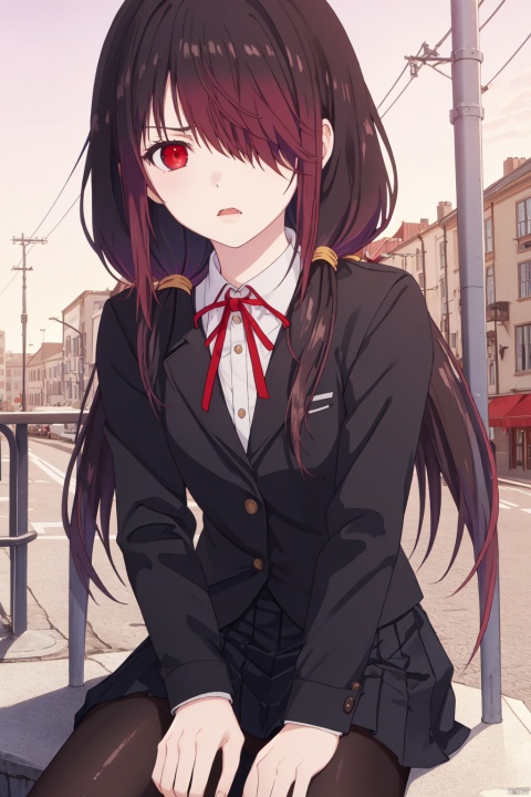 ,Kurumi CYQL,1girl,looking at viewer,solo,
black hair,long hair,twintails,low twintails,red eyes,hair over one eye,school uniform,blazer,shirt,neck ribbon,red ribbon,skirt,pantyhose,black pantyhose,shoes,
Angry, tightened jaw, squinted eyes, and raised eyebrows.,portrait,
beautiful face,beautiful eyes,glossy skin,shiny skin,
European-style street cafes, Sidewalk seating, Coffee, Pastries, Relaxation,beautiful detailed sky,beautiful detailed glow,
posing in front of a colorful and dynamic background,
masterpiece,best quality,beautiful and aesthetic,contrapposto,female focus,wallpaper,fashion,