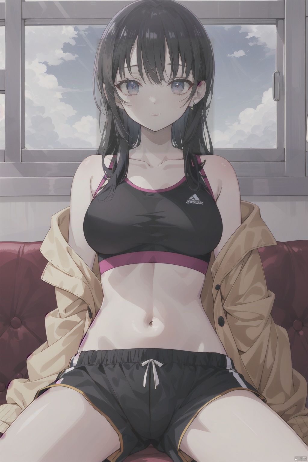  masterpiece,best quality,8k,ultra-detailed,1girl,solo,looking at viewer,Anna_CYQL,black hair,long hair,bangs,blush,collarbone,off shoulder,jacket,open clothes,long sleeves,open jacket,sports bra,midriff,navel,shorts,short shorts,barefoot,sitting,window,indoors,cloud,day,