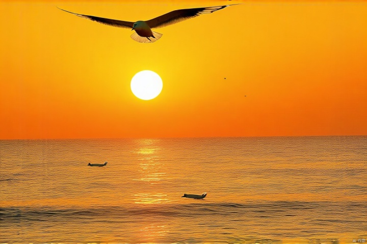 夕阳缓缓沉入海平线,天空被染成橙红色,金色的阳光洒在波光粼粼的海面上,海鸥翱翔