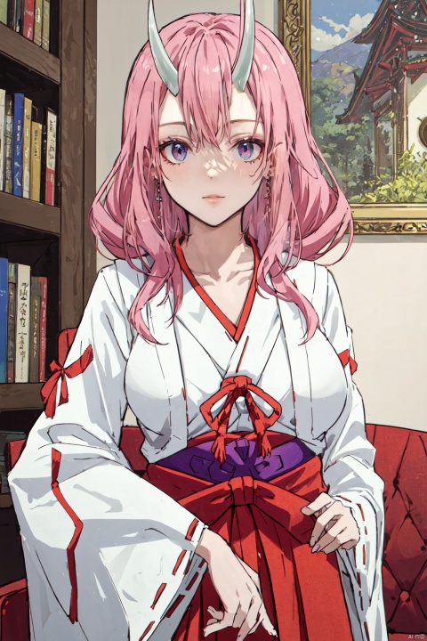1girl,looking at viewer,solo,oni,horns,pink hair,long hair,hair between eyes,red eyes,pink eyes,miko,japanese clothes,red hakama,ribbon trim,ribbon-trimmed sleeves,hakama,white kimono,skirt,kimono,collarbone,wide sleeves,long sleeves,hakama skirt,red ribbon,breasts,ribbon,,Shuna_CYQL,upper_body,beautiful face,beautiful eyes,glossy skin,shiny skin,Library, Books, Afternoon sunlight, Armchair, Quietude,beautiful detailed sky,beautiful detailed glow,posing in front of a colorful and dynamic background,masterpiece,best quality,beautiful and aesthetic,contrapposto,female focus,wallpaper,fashion,