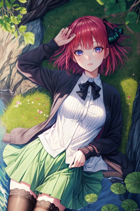  1girl,looking at viewer,solo,pink hair,bangs,short hair,butterfly hair ornament,black ribbon,purple eyes,school uniform,cardigan,black cardigan,shirt,green skirt,thighhighs,zettai ryouiki,,Nino_CYQL,(evil smile,lying,portrait,from_above:1.1),beautiful face,beautiful eyes,glossy skin,shiny skin,Cliffs,Waves,Coastline,Rocks,Sea spray,Seagulls,Dramatic,Power,Water lilies,Japanese bridge,Weeping willows,Lily pond,Impressionist painting,Reflections,beautiful detailed sky,beautiful detailed glow,masterpiece,best quality,beautiful and aesthetic,contrapposto,female focus,fine fabricemphasis,wallpaper,fashion,,