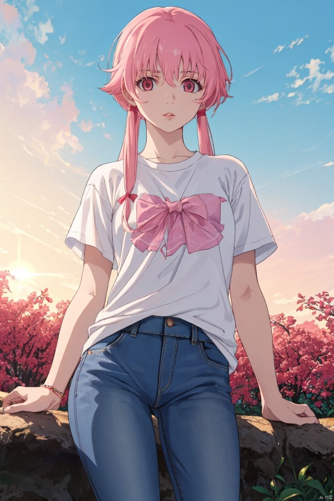 ,Yuno CYQL,1girl,looking at viewer,solo,
pink hair,long hair,sidelocks,pink eyes,ribbon,hair ribbon,
Boyfriend jeans, tucked in tee, sneakers,Pensive, Eyes focused inward, brow furrowed, and lips pursed.,panorama,
beautiful face,beautiful eyes,glossy skin,shiny skin,
English garden, Picnic blanket, Noontime sun, Sandwiches, Relaxation,beautiful detailed sky,beautiful detailed glow,
posing in front of a colorful and dynamic background,
masterpiece,best quality,beautiful and aesthetic,contrapposto,female focus,wallpaper,fashion,
