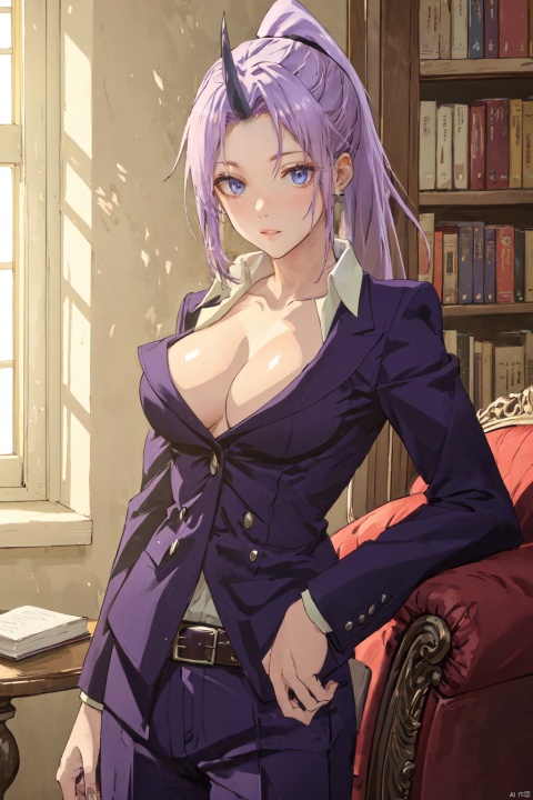 1girl,looking at viewer,solo,oni,purple hair,long hair,horns,ponytail,purple eyes,jacket,shirt,long sleeves,collarbone,cleavage,large breasts,belt,pants,black footwear,single_horn,formal,Shion_CYQL,upper_body,beautiful face,beautiful eyes,glossy skin,shiny skin,Library, Books, Afternoon sunlight, Armchair, Quietude,beautiful detailed sky,beautiful detailed glow,posing in front of a colorful and dynamic background,masterpiece,best quality,beautiful and aesthetic,contrapposto,female focus,wallpaper,fashion, 