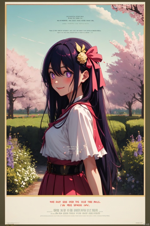  1girl,looking at viewer,soloidol,purple hair,long hair,bangs,hair between eyes,hair ribbon,ribbon,hair ornament,purple eyes,symbol-shaped pupils,blush,capelet,short sleeves,breasts,dress,star (symbol),pink gloves,belt,Skyline,Architecture,Panorama,
(teasing_smile,upper_body,front view:1.1),beautiful face,beautiful eyes,glossy skin,shiny skin,Forest, Bluebells, Trees, Flowers, Spring, Colors, Serenity, Beauty,Cherry blossoms, Garden path, Dawn light, Sakura petals, Tranquil setting, Japanese elegance,beautiful detailed sky,beautiful detailed glow,(movie poster:1.2),(border:1.3),(English text:1.4),posing in front of a colorful and dynamic background,masterpiece,best quality,beautiful and aesthetic,contrapposto,female focus,fine fabric emphasis,wallpaper,fashion,intricate detail,finely detailed,fine fabricemphasis,glossy,, Hoshino_Ai_CYQL