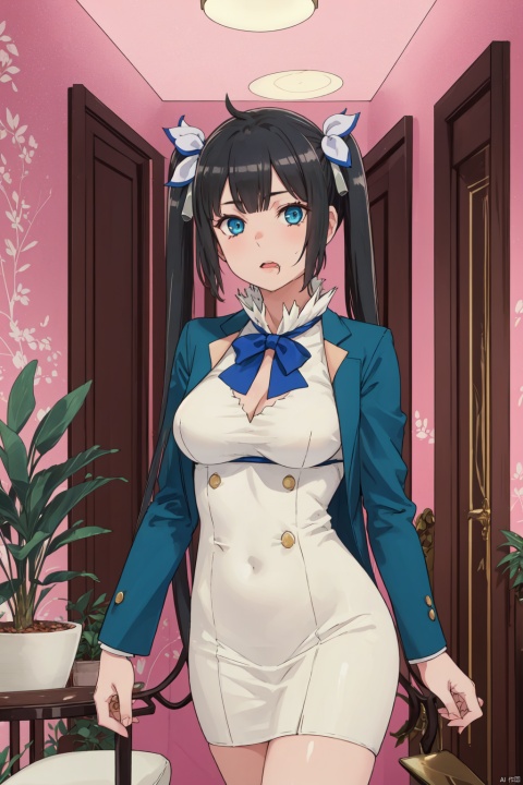 Hestia cyql,1girl,looking at viewer,solo,long hair,black hair,twintails,hair ribbon,blue eyes,breasts,large breasts,Flight attendants in modern teal uniforms,characterized by a streamlined dress,stylish blazer,and sleek accessories.,Disgusted,A wrinkled nose,raised upper lip,and a slightly open mouth.,cowboy_shot,beautiful face,beautiful eyes,glossy skin,shiny skin,Sliding glass doors,Outdoor seating,Potted plants,Floor-to-ceiling curtains,Lounge chair,beautiful detailed sky,beautiful detailed glow,posing in front of a colorful and dynamic background,masterpiece,best quality,beautiful and aesthetic,contrapposto,female focus,wallpaper,fashion,