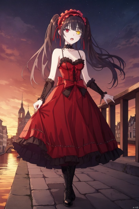 ,Kurumi CYQL,1girl,looking at viewer,solo,
black hair,long hair,twintails,hairband,lolita hairband,heterochromia,red eyes,yellow eyes,symbol-shaped pupils,gothic lolita,lolita fashion,choker,bare shoulders,dress,red dress,long dress,frills,medium breasts,detached sleeves,boots,cross-laced footwear,lace-up boots,black footwear,BOW,
Surprised, Wide-open eyes, a raised brow, and an open mouth.,bust,
beautiful face,beautiful eyes,glossy skin,shiny skin,
Amsterdam canals, Canal cruise, Dusk, Reflections, Scenery,beautiful detailed sky,beautiful detailed glow,
posing in front of a colorful and dynamic background,
masterpiece,best quality,beautiful and aesthetic,contrapposto,female focus,wallpaper,fashion,
