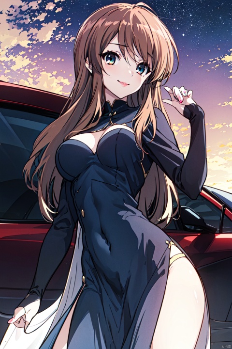  Asahina_CYQL,1girl,solo,looking at viewer,long hair,brown hair,Velvet wrap dress,Teasing, A playful smirk, a raised eyebrow, and a hint of dominance.,cowboy_shot,beautiful face,beautiful eyes,glossy skin,shiny skin, Vehicles, beautiful detailed sky,beautiful detailed glow,posing in front of a colorful and dynamic background,masterpiece,best quality,beautiful and aesthetic,contrapposto,female focus,wallpaper,fashion,