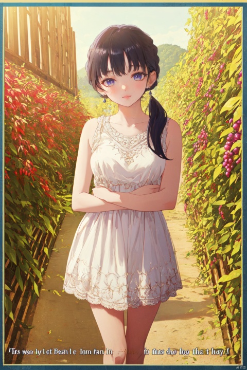  1girl,looking at viewer,solo,,Anna_CYQL,black hair,twintails,low twintails,long hair,bangs,brown eyes,jewelry,earrings,blush,(Crochet dress, slide sandals:1.1),(;d, hugging own legs, portrait,front view:1.1),beautiful face,beautiful eyes,glossy skin,shiny skin,Vineyard, Grapes, Harvest, Wine barrels, Autumn leaves, Sunshine, Rows, Winery,Bluebells, Beech trees, Misty dawn, Carpet of flowers, Early morning light, Birdsong,beautiful detailed sky,beautiful detailed glow,(movie poster:1.2),(English text:1.8),(border:1.3),posing in front of a colorful and dynamic background,(masterpiece, best quality, beautiful and aesthetic:1.3),contrapposto,female focus,fine fabricemphasis,wallpaper,fashion,intricate_detail,finely_detailed,fine_fabric_emphasis,(glossy),,