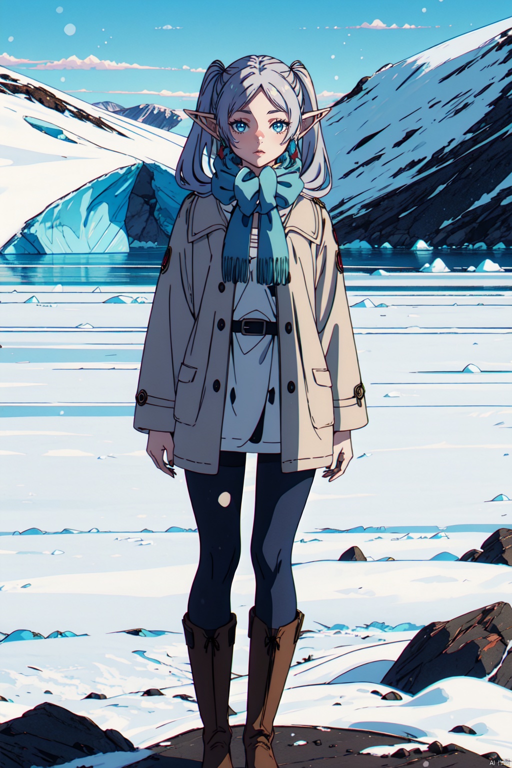  masterpiece,best quality,cinematic lighting,1girl,solo,full body,(looking at viewer:1.1),(standing:1.2),,frieren_snf,elf,grey hair,long hair,bangs,twintails,pointy ears,green eyes,jewelry,earrings,scarf,blue scarf,coat,winter clothes,long sleeves,pantyhose,boots,brown footwear,light smile,BREAKwinter,Glacier lake,Afternoonsun,Icebergs,sunlight,,8k,ultra-detailed,