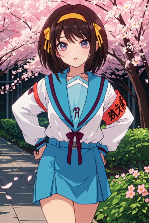  Suzumiya_CYQL,1girl,solo,brown hair,medium hair,short hair,hairband,brown eyes,school uniform,serafuku,blue sailor collar,red ribbon,long sleeves,armband,blue skirt,socks,Annoyed, Mouth turned down slightly, eyes narrowed, and a tense jaw.,cowboy_shot,beautiful face,beautiful eyes,glossy skin,shiny skin,Cherry blossoms, Garden path, Dawn light, Sakura petals, Tranquil setting, Japanese elegance,beautiful detailed sky,beautiful detailed glow,posing in front of a colorful and dynamic background,masterpiece,best quality,beautiful and aesthetic,contrapposto,female focus,wallpaper,fashion,