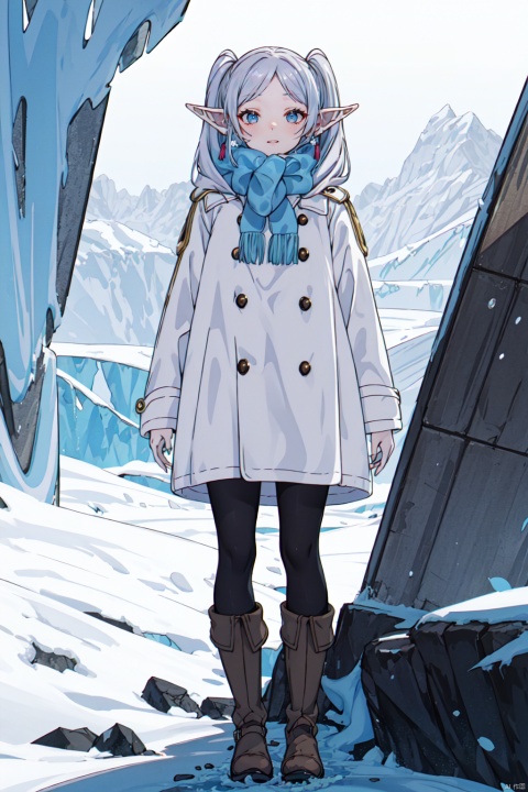  masterpiece,best quality,cinematic lighting,1girl,solo,full body,(looking at viewer:1.1),(standing:1.2),,frieren_snf,elf,grey hair,long hair,bangs,twintails,pointy ears,green eyes,jewelry,earrings,scarf,blue scarf,coat,winter clothes,long sleeves,pantyhose,boots,brown footwear,light smile,BREAKwinter,Glacier lake,Afternoonsun,Icebergs,sunlight,,8k,ultra-detailed,