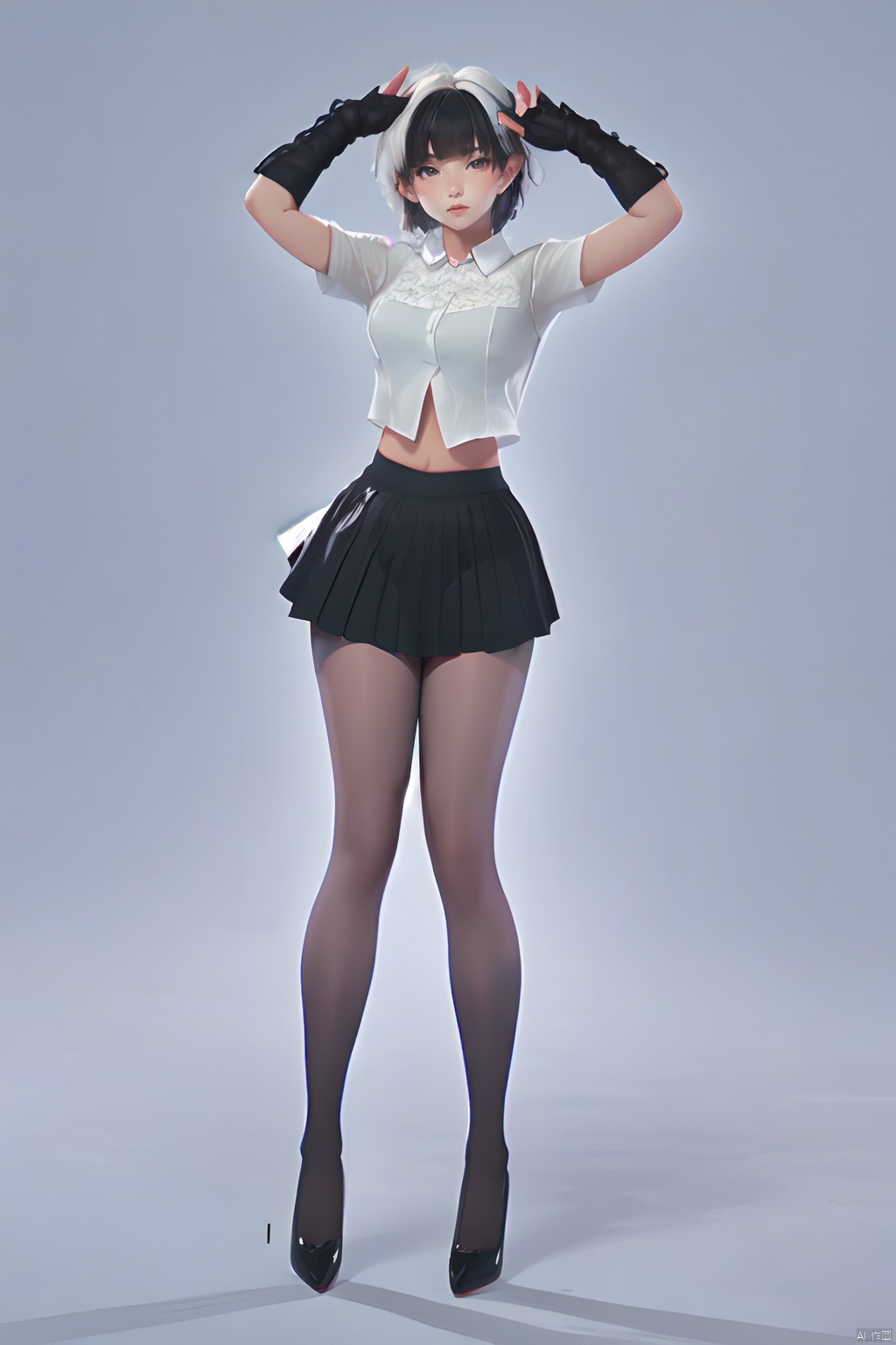  1girl,wsfz-021,white hair,short hair,streaked hair,white blouse,black pleated skirt,cutout above navel,lace,huge filesize,(full body:1.5),(leg up:1.1),gradient color pantyhose, bent over, (dancer:1.1),Fashion Style, glow