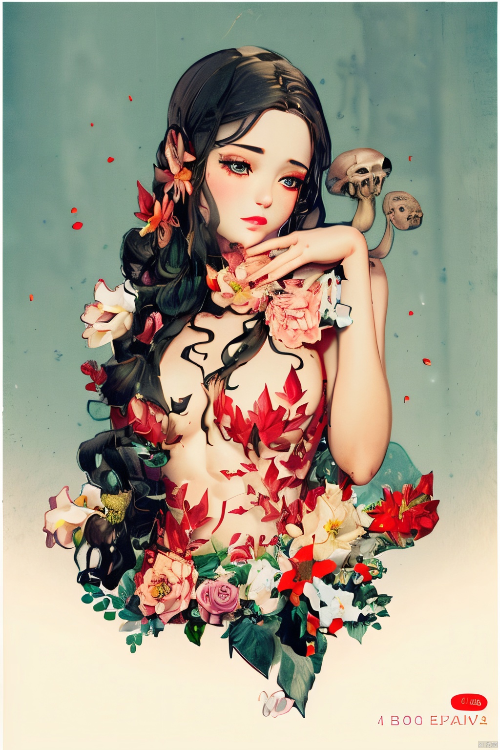 (rich colors),1girls,ws-bspined,bspined, long hair, breasts, black hair, upper body, flower, nude, hand up, leaf, traditional media, pink flower, skull