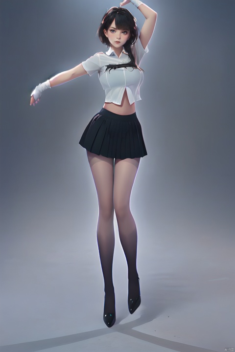  1girl,wsfz-021,white hair,short hair,streaked hair,white blouse,black pleated skirt,cutout above navel,lace,huge filesize,(full body:1.5),(leg up:1.1),gradient color pantyhose, bent over, (dancer:1.1),Fashion Style, glow